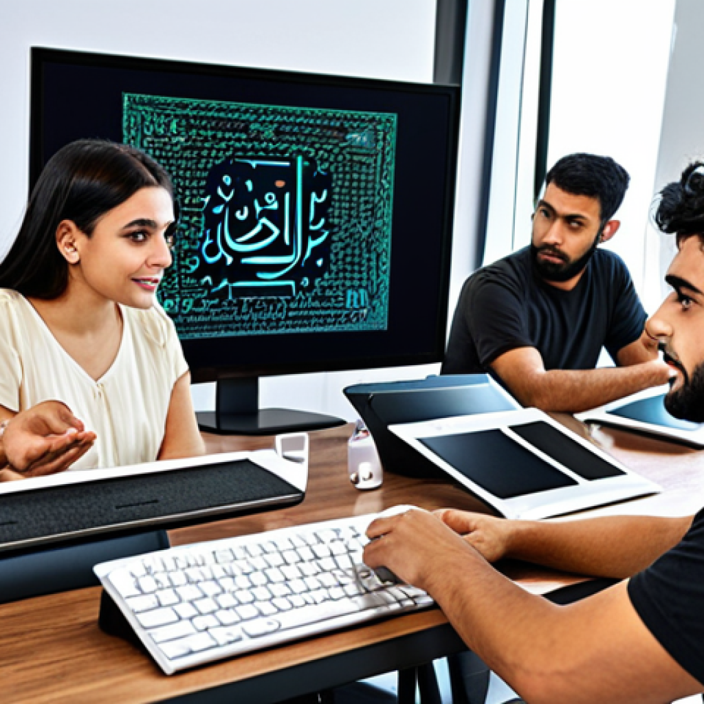 **

*Prompt:* A vibrant and inspiring image showing a diverse group of people collaboratively coding, with Arabic script subtly integrated into the design elements. Focus on a modern, collaborative workspace environment.

**