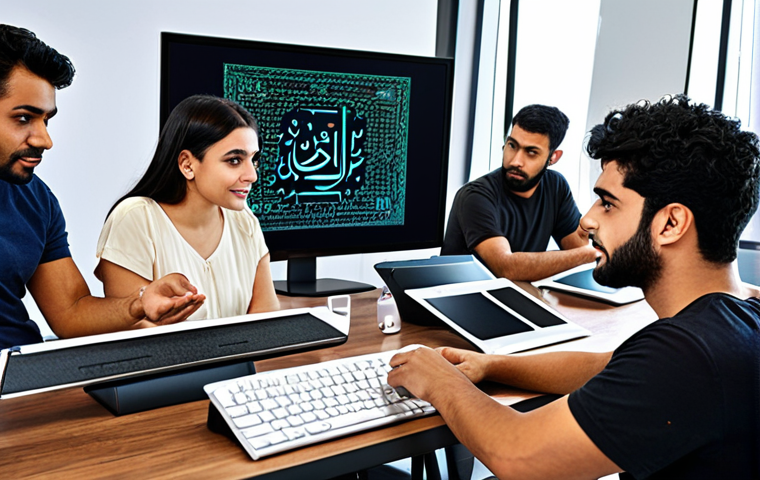 **

*Prompt:* A vibrant and inspiring image showing a diverse group of people collaboratively coding, with Arabic script subtly integrated into the design elements. Focus on a modern, collaborative workspace environment.

**