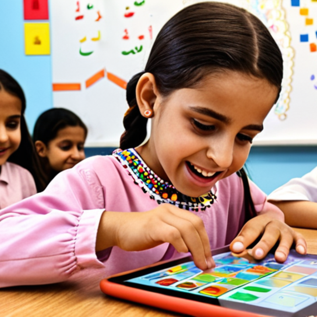 **

A vibrant and engaging classroom scene showcasing children using Scratch or Blockly on tablets. Focus on the colorful visual programming blocks and the joyful expressions on the children's faces. Emphasize a supportive and collaborative learning environment. Arabic calligraphy or patterns can be subtly incorporated in the background to reflect the cultural context. The scene should depict a modern, well-equipped classroom.

**