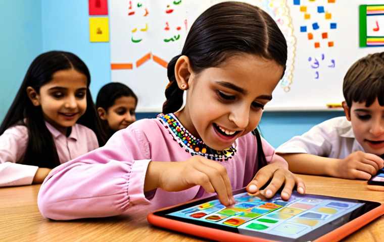 **

A vibrant and engaging classroom scene showcasing children using Scratch or Blockly on tablets. Focus on the colorful visual programming blocks and the joyful expressions on the children's faces. Emphasize a supportive and collaborative learning environment. Arabic calligraphy or patterns can be subtly incorporated in the background to reflect the cultural context. The scene should depict a modern, well-equipped classroom.

**