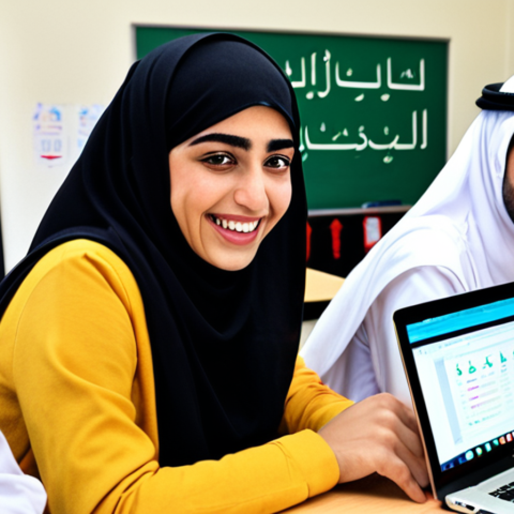 **A vibrant classroom scene filled with Arab students enthusiastically working on laptops, code glowing on the screens. The teacher, a modern Arab professional, is smiling and giving encouragement. Background includes Arabic calligraphy and motivational posters about coding.**