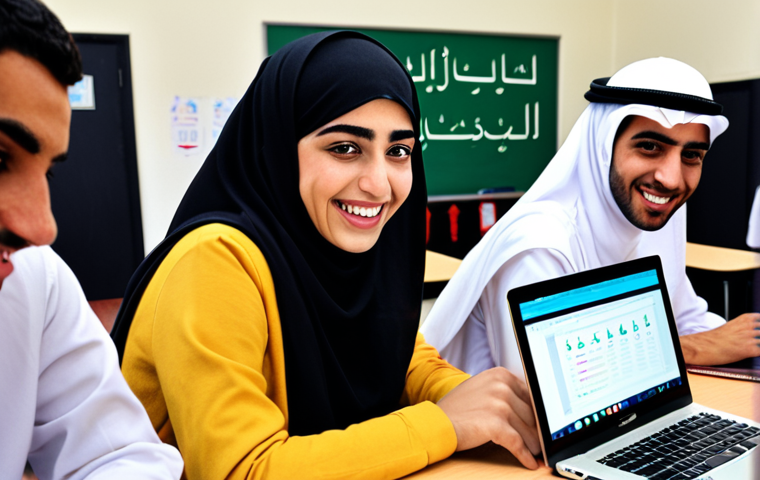 **A vibrant classroom scene filled with Arab students enthusiastically working on laptops, code glowing on the screens. The teacher, a modern Arab professional, is smiling and giving encouragement. Background includes Arabic calligraphy and motivational posters about coding.**