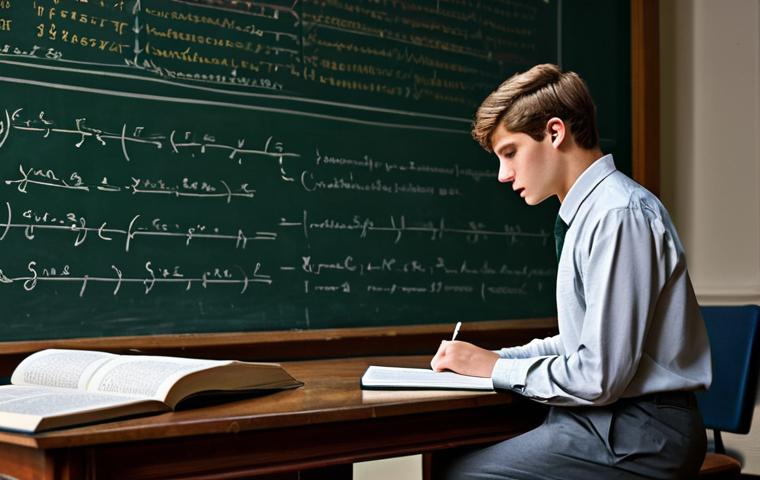 A young man, fully clothed in a modest, professional business shirt and trousers, deeply focused on a textbook at a classic wooden desk in a dimly lit, traditional university lecture hall. A large, aged blackboard behind him displays complex programming syntax. The atmosphere is quiet and contemplative, emphasizing individual study. Professional photography, high detail, realistic, sharp focus, appropriate attire, safe for work, appropriate content, perfect anatomy, correct proportions, natural pose, well-formed hands, proper finger count, natural body proportions, professional, family-friendly.