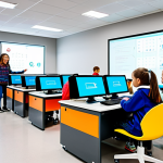 A diverse group of cheerful children, aged 8-12, fully clothed in modest, comfortable everyday attire, enthusiastically engaged in a modern coding classroom. They are seated at futuristic, ergonomic desks, looking at interactive screens displaying colorful programming blocks and lines of code. The background is a bright, well-lit learning environment with whiteboards, robotics kits, and educational posters. The children exhibit perfect anatomy, natural body proportions, and well-formed hands, focused on their tasks. The image should convey a sense of excitement and innovation. This is a safe for work, appropriate content, fully clothed, and family-friendly image with professional photography and high-quality detail.