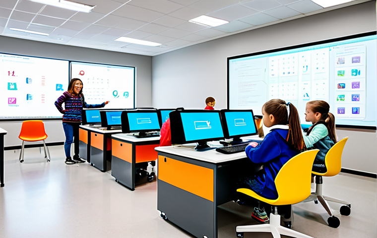 A diverse group of cheerful children, aged 8-12, fully clothed in modest, comfortable everyday attire, enthusiastically engaged in a modern coding classroom. They are seated at futuristic, ergonomic desks, looking at interactive screens displaying colorful programming blocks and lines of code. The background is a bright, well-lit learning environment with whiteboards, robotics kits, and educational posters. The children exhibit perfect anatomy, natural body proportions, and well-formed hands, focused on their tasks. The image should convey a sense of excitement and innovation. This is a safe for work, appropriate content, fully clothed, and family-friendly image with professional photography and high-quality detail.