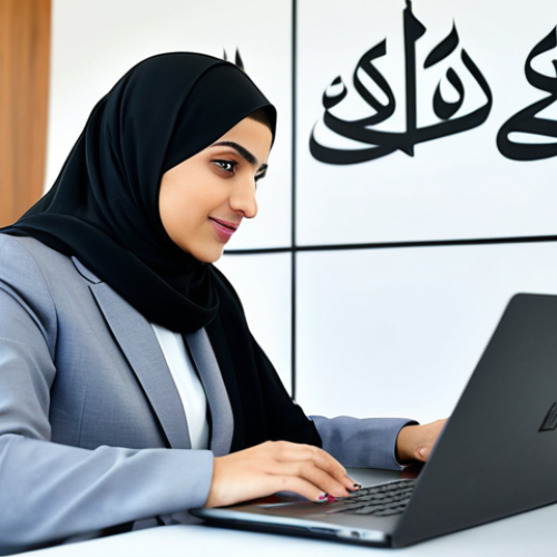 **

"A professional Arab businesswoman in a modern, modest business suit, working on a laptop at a desk in a bright, contemporary office with Arabic calligraphy art on the wall, fully clothed, appropriate attire, safe for work, perfect anatomy, natural proportions, professional photography, high quality, family-friendly."

**