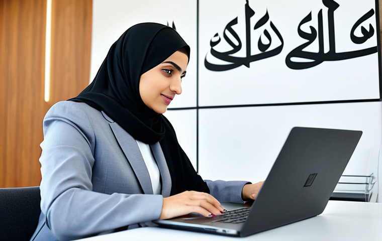 **

"A professional Arab businesswoman in a modern, modest business suit, working on a laptop at a desk in a bright, contemporary office with Arabic calligraphy art on the wall, fully clothed, appropriate attire, safe for work, perfect anatomy, natural proportions, professional photography, high quality, family-friendly."

**