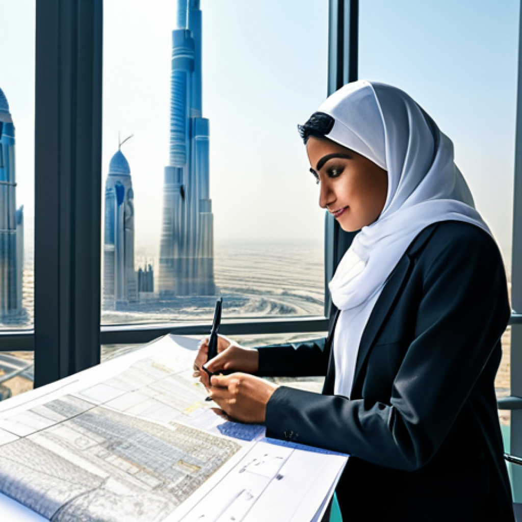 **Prompt:** "A professional Arab architect, wearing a hijab and modest business attire, reviewing blueprints in a sunlit, modern office in Dubai, overlooking the Burj Khalifa. Safe for work, appropriate content, fully clothed, professional, perfect anatomy, natural pose, high-resolution photograph."