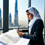 **Prompt:** "A professional Arab architect, wearing a hijab and modest business attire, reviewing blueprints in a sunlit, modern office in Dubai, overlooking the Burj Khalifa. Safe for work, appropriate content, fully clothed, professional, perfect anatomy, natural pose, high-resolution photograph."