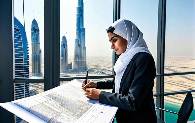 **Prompt:** "A professional Arab architect, wearing a hijab and modest business attire, reviewing blueprints in a sunlit, modern office in Dubai, overlooking the Burj Khalifa. Safe for work, appropriate content, fully clothed, professional, perfect anatomy, natural pose, high-resolution photograph."