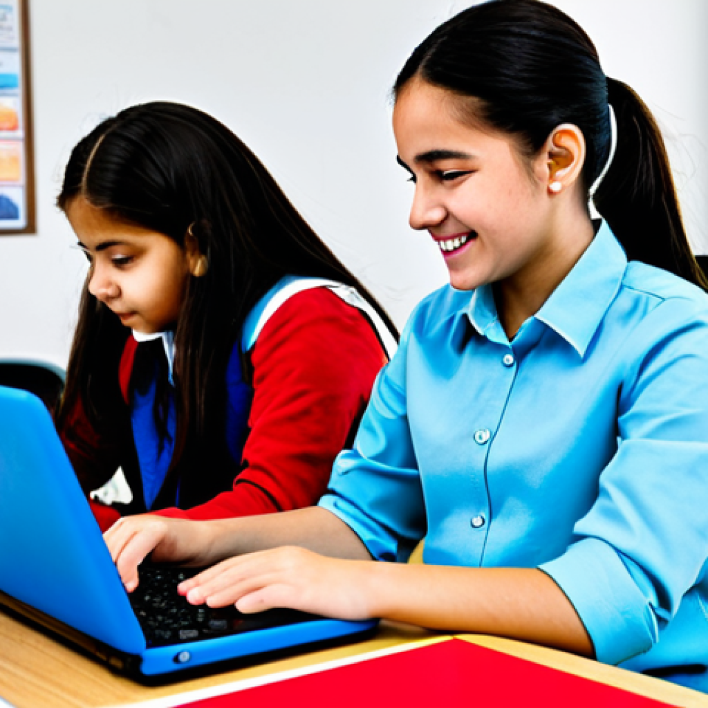 **

A bright and cheerful classroom setting, filled with children (ages 8-10) working on laptops with Scratch programming interface visible on the screens. The children are fully clothed in modest, colorful attire, engaged in collaborative learning. The teacher, a kind and approachable woman in professional dress, is assisting a student. The room is decorated with educational posters and coding-related artwork.  Perfect anatomy, correct proportions, natural poses. Safe for work, appropriate content, fully clothed, family-friendly. Professional photography, high quality.

**