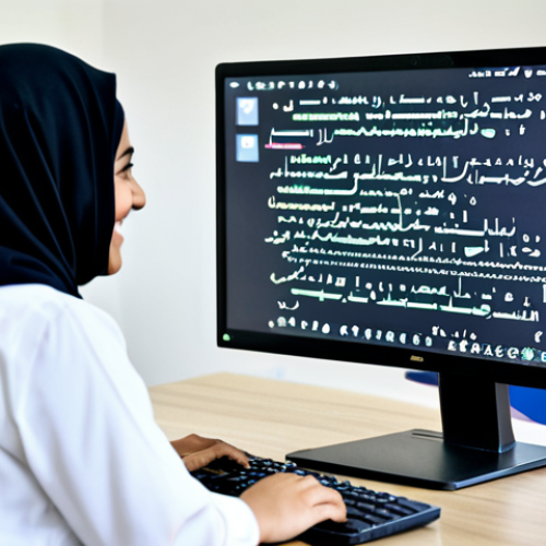 **

"A modern Arabic classroom. A fully clothed, smiling female teacher enthusiastically leads a coding workshop, projecting interactive code onto a large screen. Students are actively engaged, some wearing traditional clothing. Clean, bright environment, laptops open. Safe for work, appropriate content, professional development, modest attire, family-friendly. High-resolution, perfect anatomy, well-lit."

**