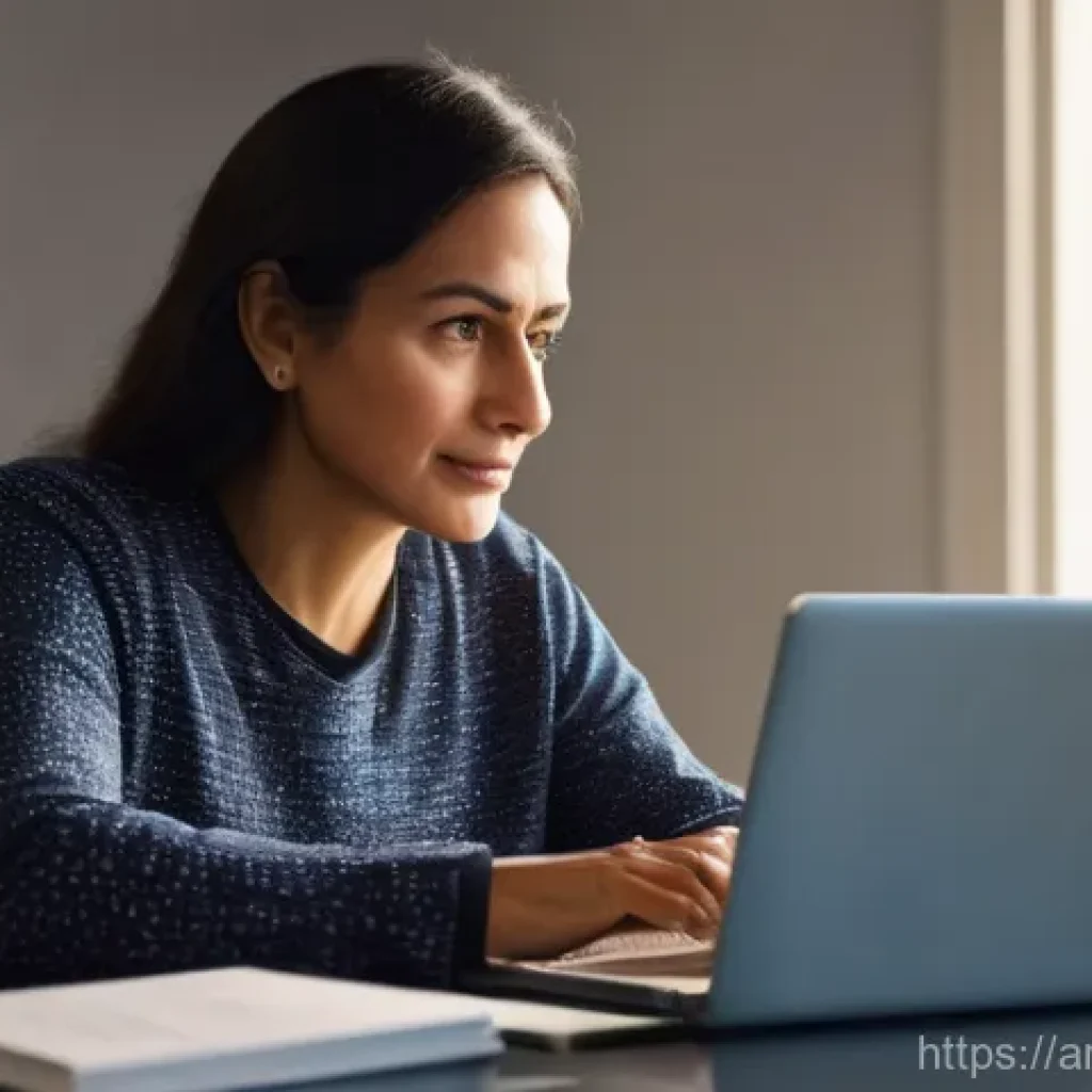 코딩교육지도사와 성인 학습자를 위한 전략 - **Prompt:** A mature adult, a woman in her late 40s, sits at a well-lit desk with a modern laptop op...