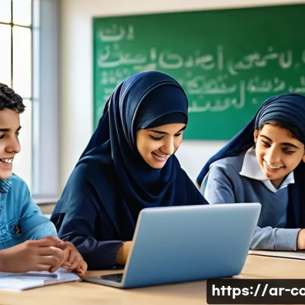 코딩교육지도사로서 강의 기술 개선법 - A modern classroom scene set in an Arabic-speaking country, featuring diverse students in casual clo...