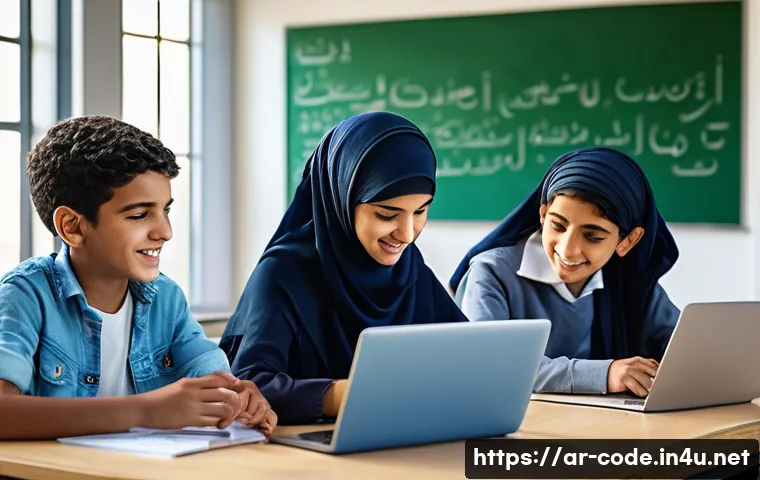 코딩교육지도사로서 강의 기술 개선법 - A modern classroom scene set in an Arabic-speaking country, featuring diverse students in casual clo...