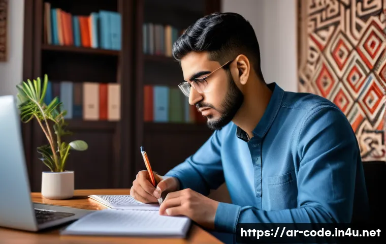 코딩교육지도사 자격증 시험에서 떨어졌을 때 해야 할 일 - A focused young Arab man studying programming at a modern desk in a cozy home office, surrounded by ...