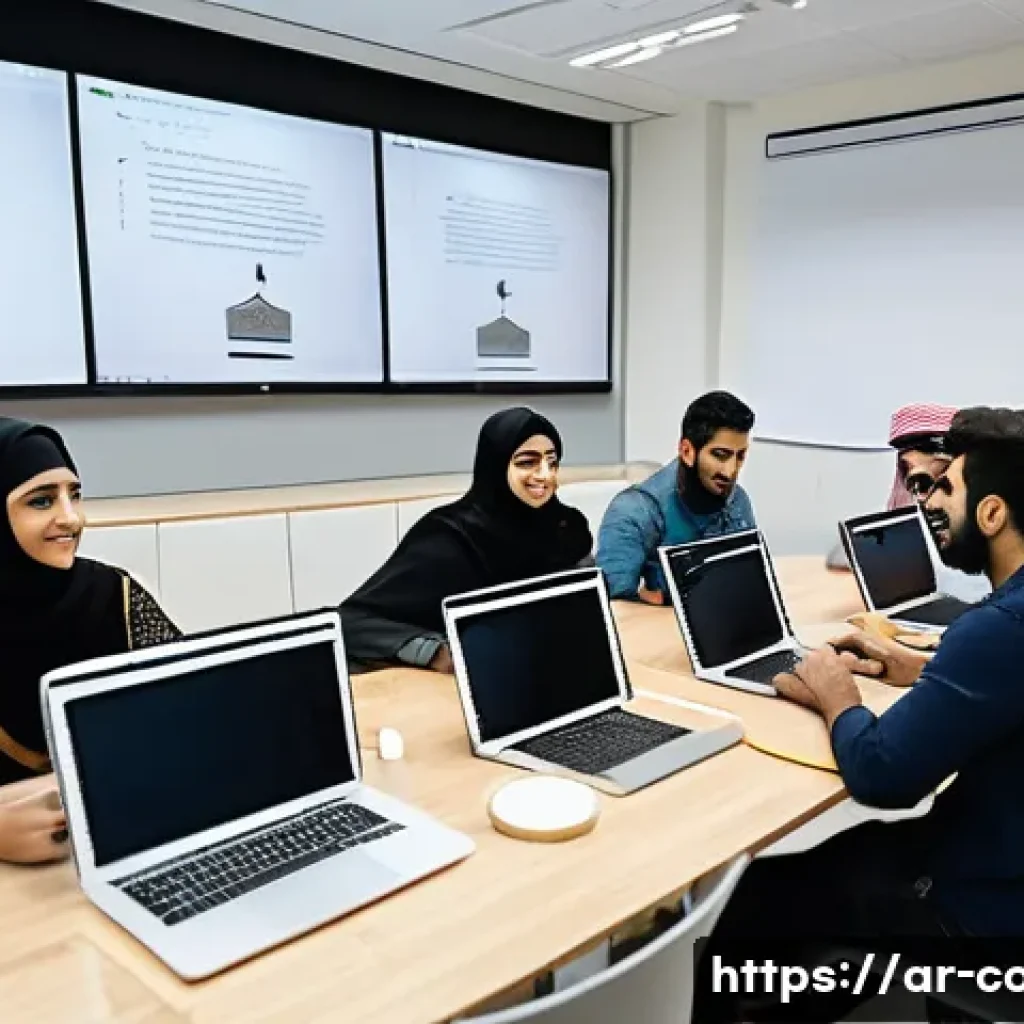코딩교육지도사 직업 전망 및 변화 - A modern Arabic programming classroom scene set in a university in the Middle East, featuring a dive...
