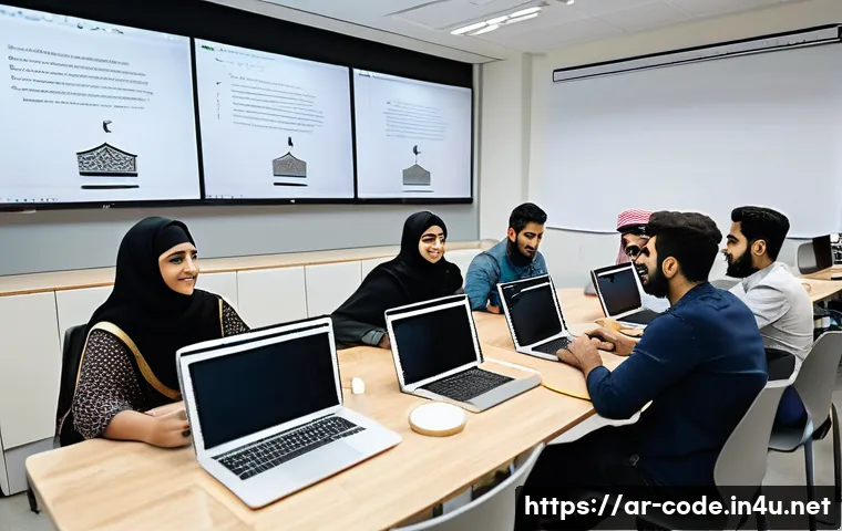 코딩교육지도사 직업 전망 및 변화 - A modern Arabic programming classroom scene set in a university in the Middle East, featuring a dive...