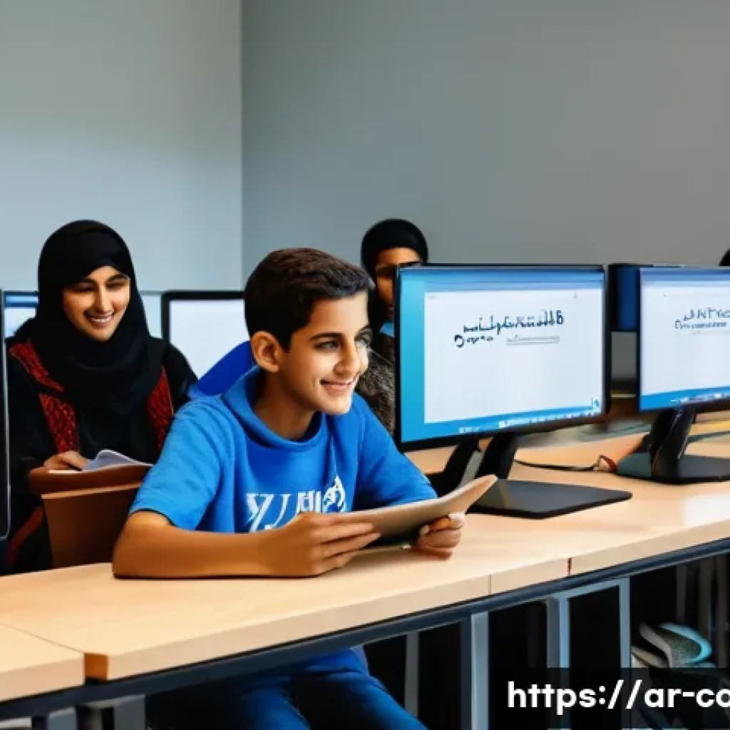 코딩교육지도사와 학습 환경 구성 사례 - A vibrant community coding workshop in a modern learning center in the Middle East, featuring divers...
