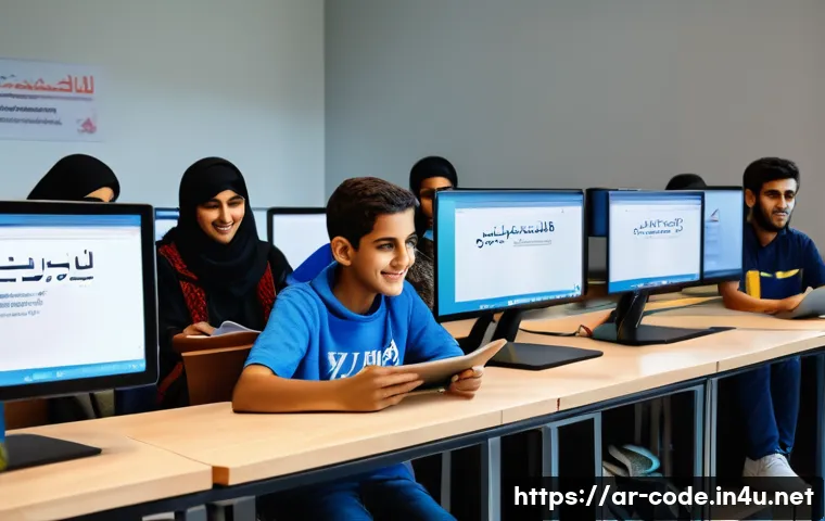 코딩교육지도사와 학습 환경 구성 사례 - A vibrant community coding workshop in a modern learning center in the Middle East, featuring divers...