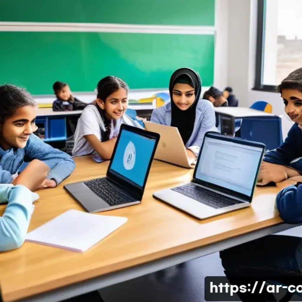 코딩교육지도사와 학생들의 코딩 프로젝트 - A diverse group of Arab students collaborating on a programming project in a modern classroom, showi...