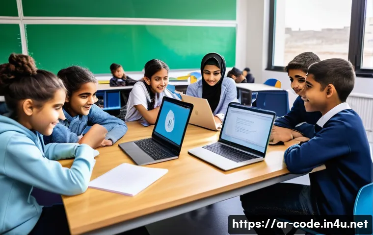 코딩교육지도사와 학생들의 코딩 프로젝트 - A diverse group of Arab students collaborating on a programming project in a modern classroom, showi...