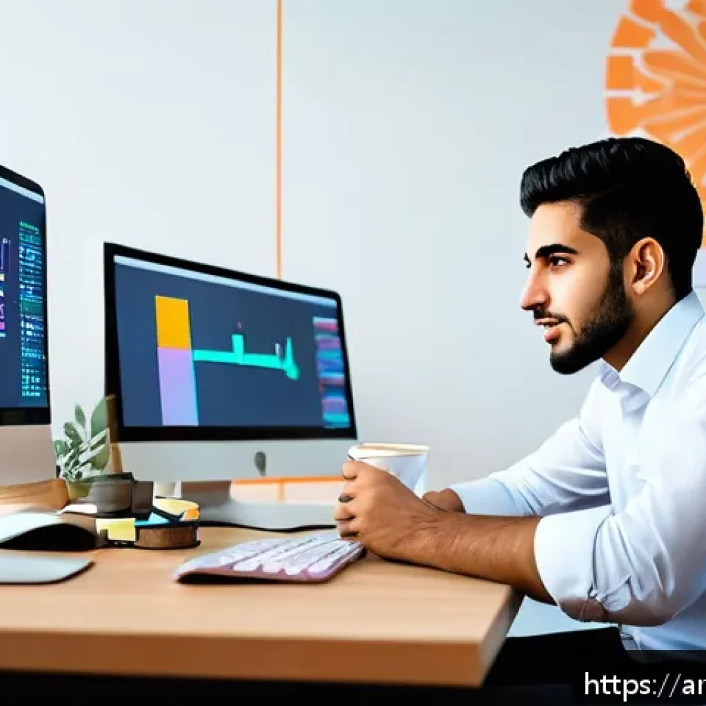코딩교육지도사 블로그 운영 전략 - A modern Arabic programming blog workspace scene featuring a young Arab developer wearing smart casu...