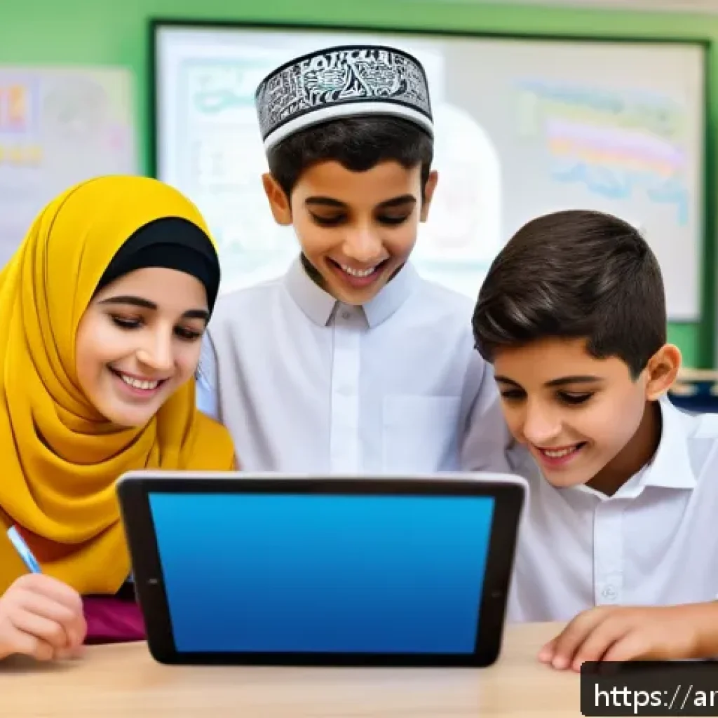 코딩교육지도사 실습 교재 제작 사례 - A vibrant classroom scene featuring Arab students of diverse ages engaging enthusiastically with int...