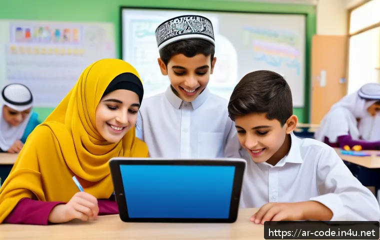 코딩교육지도사 실습 교재 제작 사례 - A vibrant classroom scene featuring Arab students of diverse ages engaging enthusiastically with int...