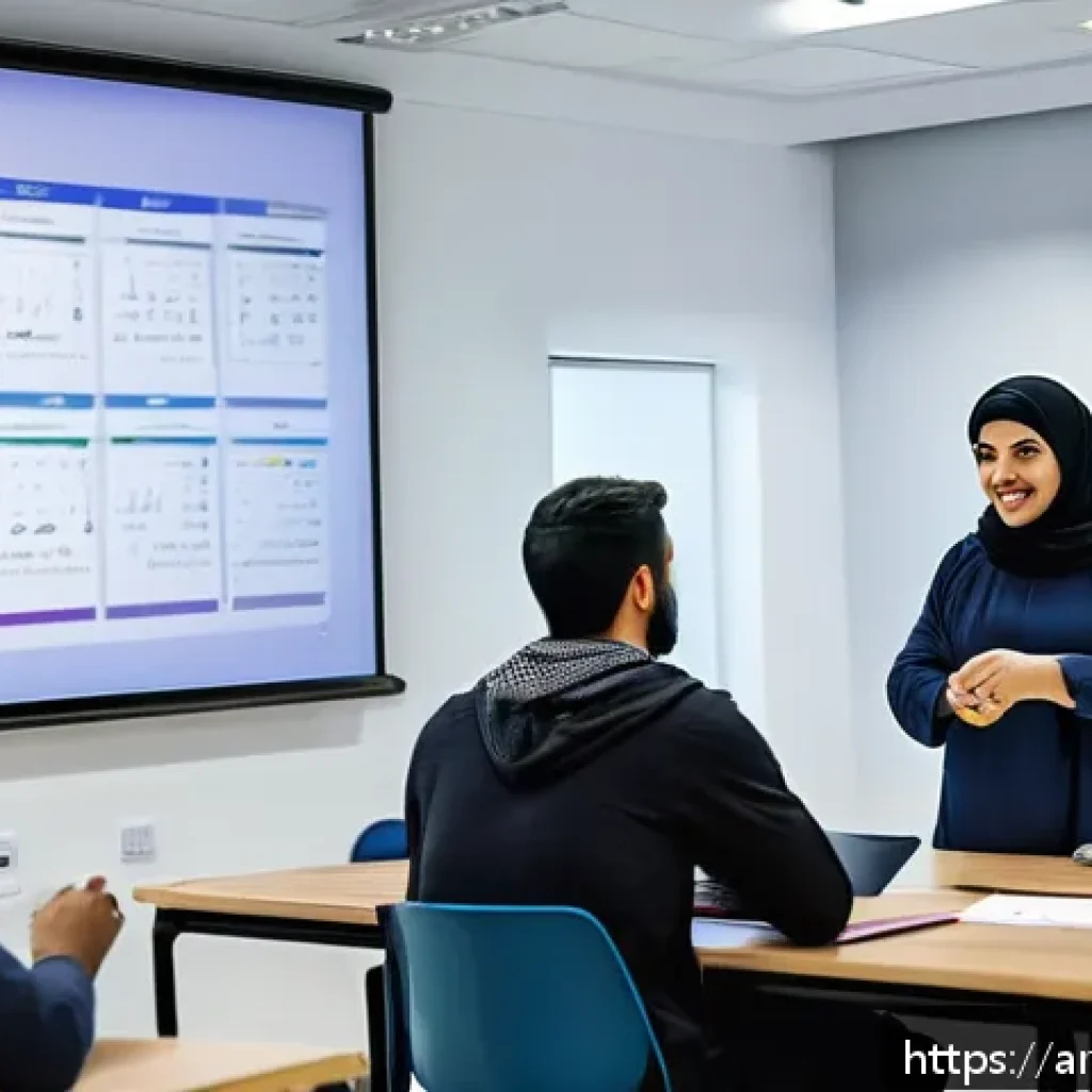 코딩교육지도사와 강의 후 학습 효과 분석 - A modern Arab classroom scene showing a professional Arabic-speaking programming trainer engaging at...