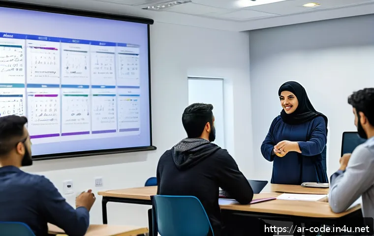 코딩교육지도사와 강의 후 학습 효과 분석 - A modern Arab classroom scene showing a professional Arabic-speaking programming trainer engaging at...