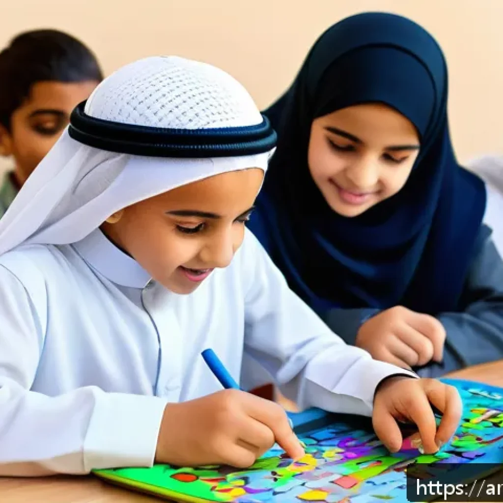 코딩교육지도사와 학습 자료 설계 사례 - A vibrant classroom scene featuring Arab students engaged in interactive educational games on progra...
