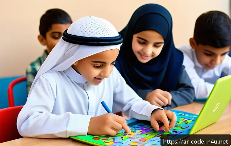 코딩교육지도사와 학습 자료 설계 사례 - A vibrant classroom scene featuring Arab students engaged in interactive educational games on progra...