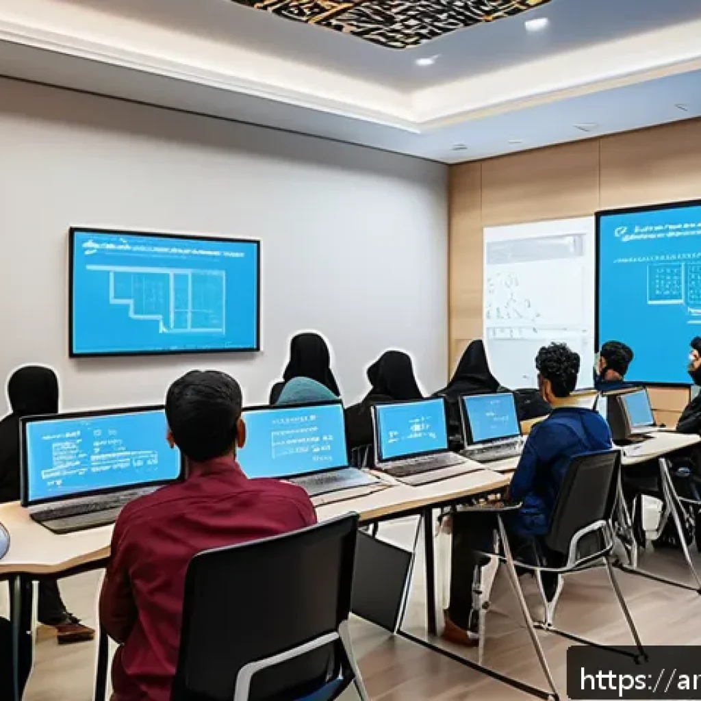 코딩교육지도사로서 멘토링 프로그램 운영 - A modern Arabic classroom scene showing a diverse group of adult learners engaged in a blended progr...
