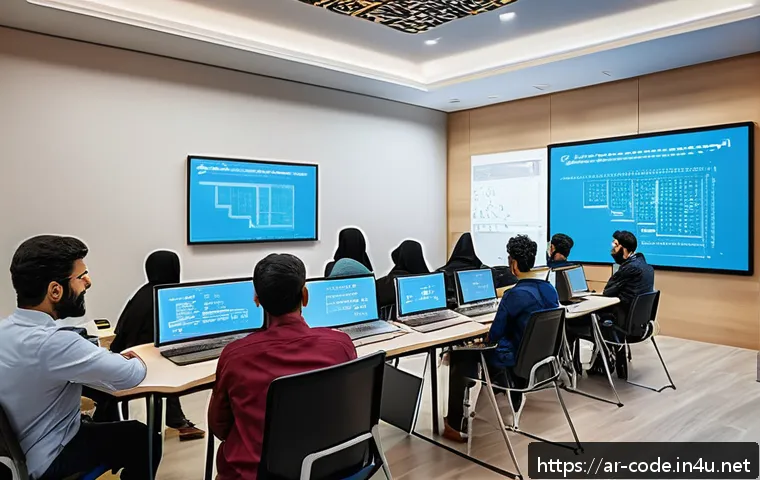 코딩교육지도사로서 멘토링 프로그램 운영 - A modern Arabic classroom scene showing a diverse group of adult learners engaged in a blended progr...