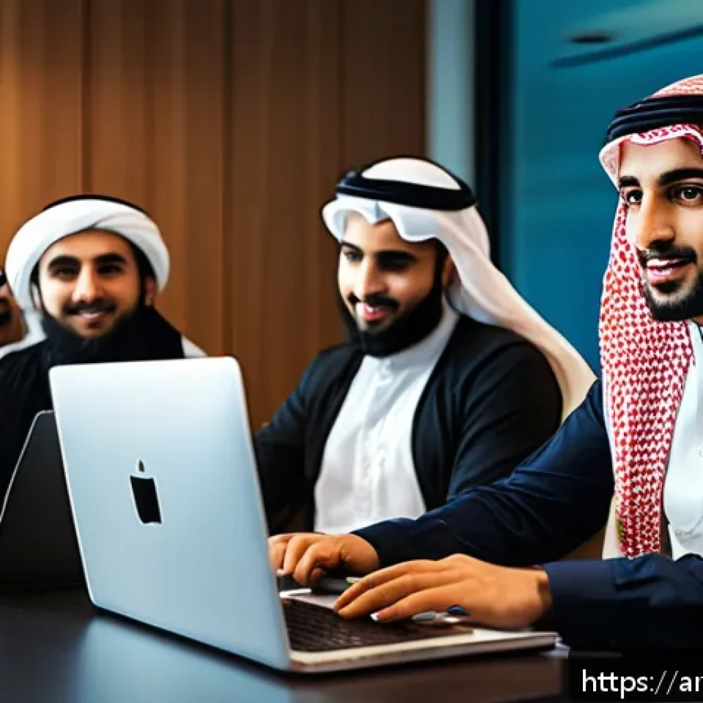 코딩교육지도사와 팀워크 중심 학습 - A diverse team of Middle Eastern software developers collaborating in a modern office setting, using...