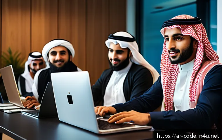 코딩교육지도사와 팀워크 중심 학습 - A diverse team of Middle Eastern software developers collaborating in a modern office setting, using...