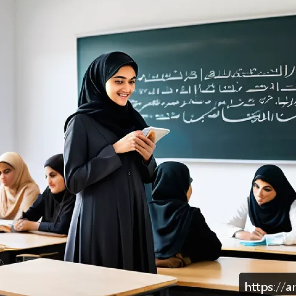 코딩교육지도사로서 교육 컨설팅 사례 - A modern classroom scene in a Middle Eastern setting where an Arabic-speaking female educational con...