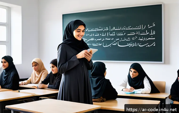 코딩교육지도사로서 교육 컨설팅 사례 - A modern classroom scene in a Middle Eastern setting where an Arabic-speaking female educational con...