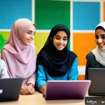 코딩교육지도사와 진로 상담 사례 - A diverse group of Arab students in a modern classroom setting, actively engaged in a collaborative ...