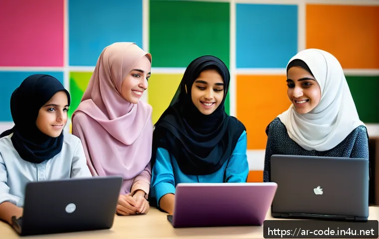 코딩교육지도사와 진로 상담 사례 - A diverse group of Arab students in a modern classroom setting, actively engaged in a collaborative ...