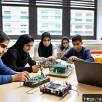 코딩교육지도사와 엔지니어링 교육의 연계 - A modern classroom in an Arab university where a diverse group of young adult students collaborate o...