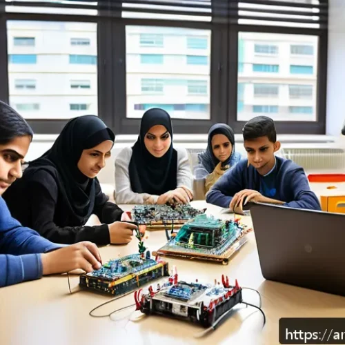 코딩교육지도사와 엔지니어링 교육의 연계 - A modern classroom in an Arab university where a diverse group of young adult students collaborate o...