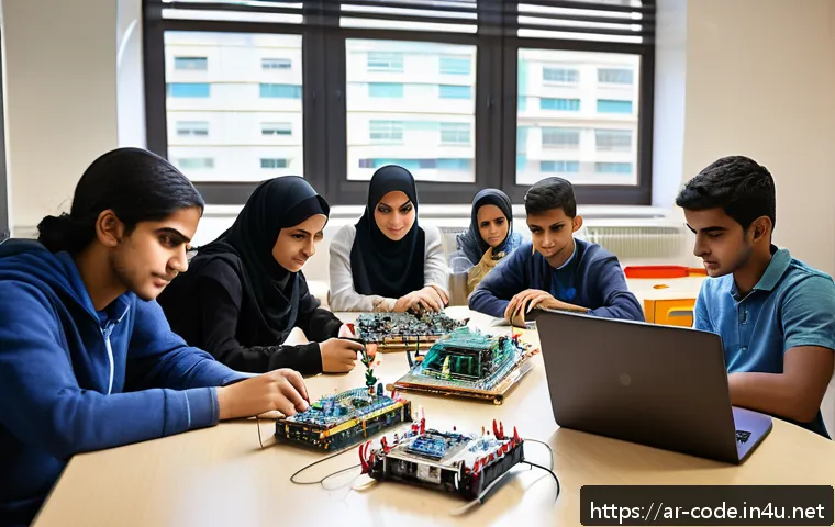 코딩교육지도사와 엔지니어링 교육의 연계 - A modern classroom in an Arab university where a diverse group of young adult students collaborate o...
