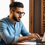 코딩교육지도사와 웹 개발 교육 사례 - A modern Arab young adult man sitting at a sleek wooden desk in a cozy home office, focused on learn...
