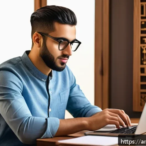 코딩교육지도사와 웹 개발 교육 사례 - A modern Arab young adult man sitting at a sleek wooden desk in a cozy home office, focused on learn...