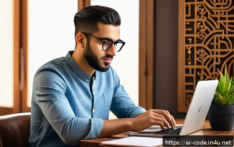 코딩교육지도사와 웹 개발 교육 사례 - A modern Arab young adult man sitting at a sleek wooden desk in a cozy home office, focused on learn...