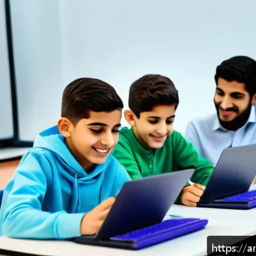 코딩교육지도사와 학습자 중심 교육 사례 - A modern classroom scene in a Middle Eastern school where a diverse group of young Arab students, we...