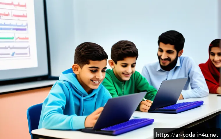코딩교육지도사와 학습자 중심 교육 사례 - A modern classroom scene in a Middle Eastern school where a diverse group of young Arab students, we...