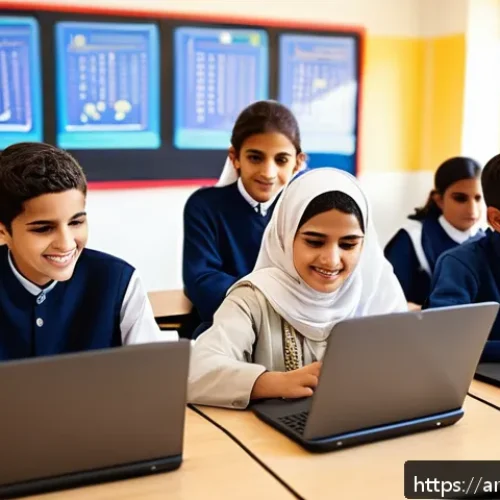 코딩교육지도사 업무에서 자주 쓰는 툴 - A modern classroom scene in a Middle Eastern school, featuring a diverse group of Arab students aged...
